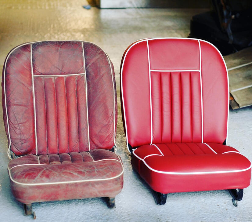 Before and after: red classic bucket seats restored with fresh vinyl and white piping, factory-tight fit.