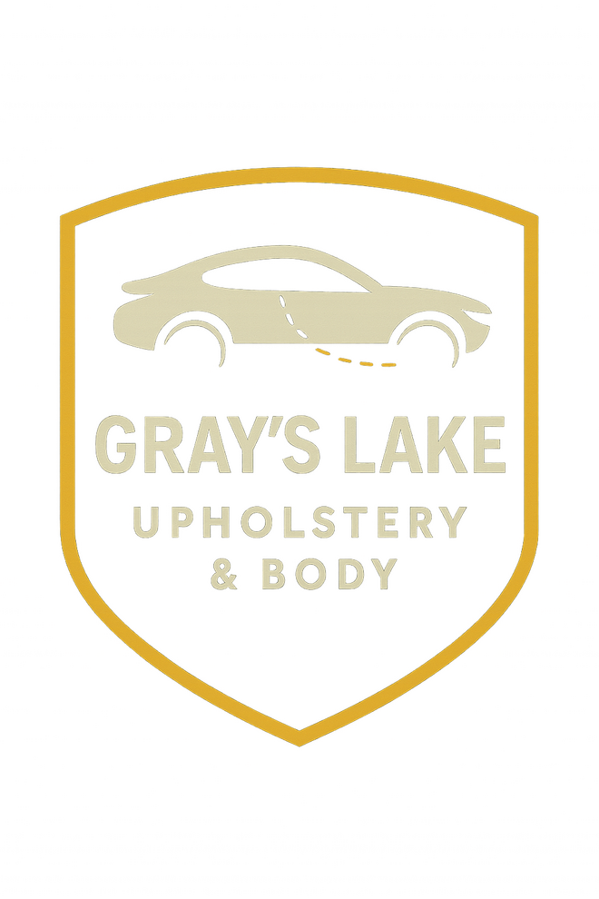 Gray’s Lake Upholstery & Body logo, custom automotive upholstery and body shop in Des Moines, Iowa.